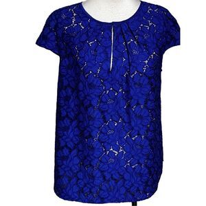 J. Crew NWT Short Sleeve Lace Blouse Top Cobalt Blue Size 8